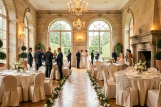 Vue d'ensemble d'une somptueuse salle de mariage en Moselle, avec décoration florale élégante et architecture en pierre