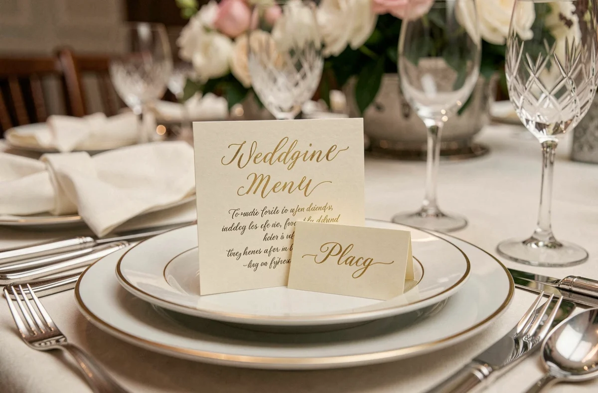 Menu de mariage calligraphié et marque-place posés sur une assiette lors d'une réception