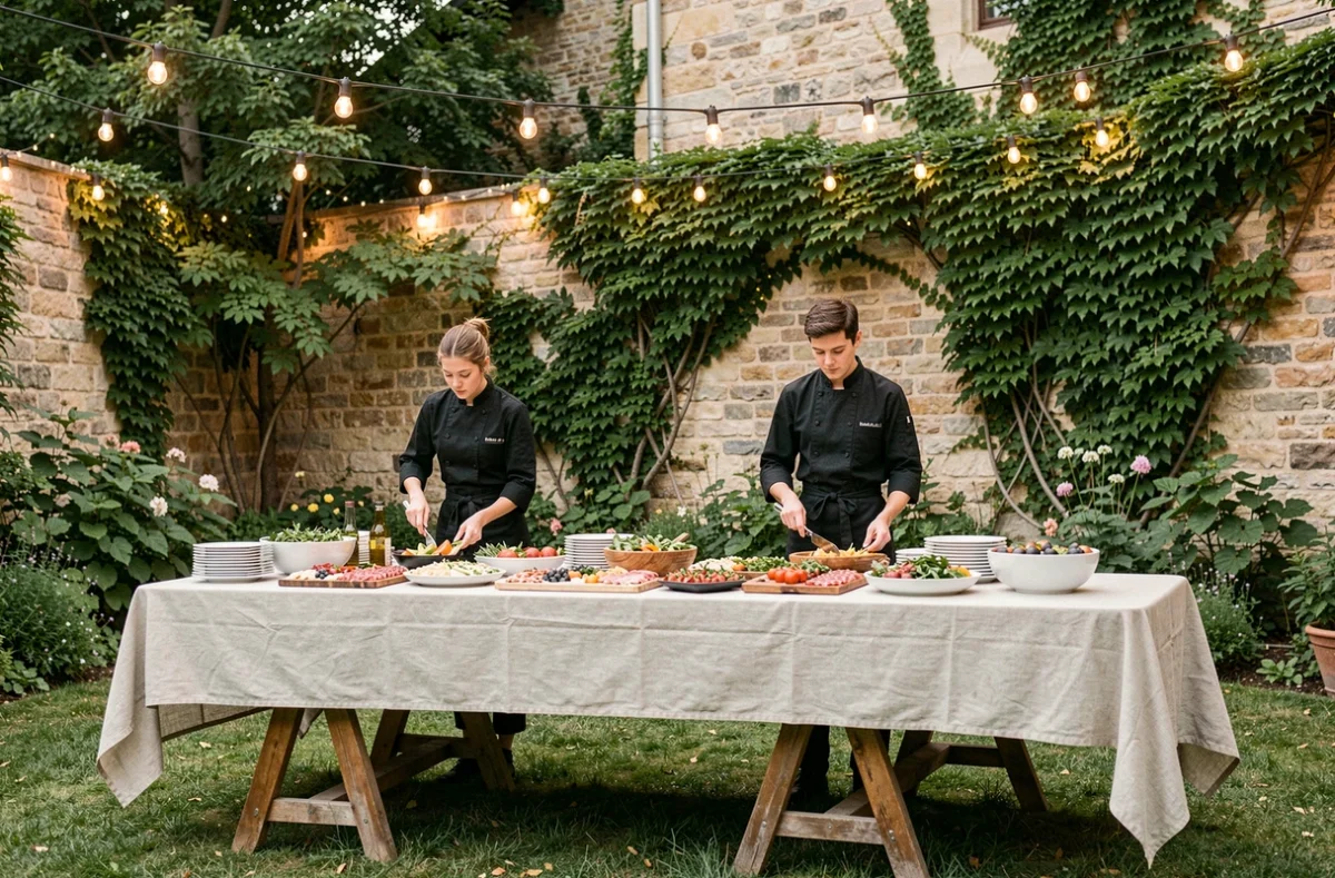 Équipe du Micro Traiteur installant un buffet de mariage en plein air dans un jardin parisien avec tables en bois et mur de pierre végétalisé