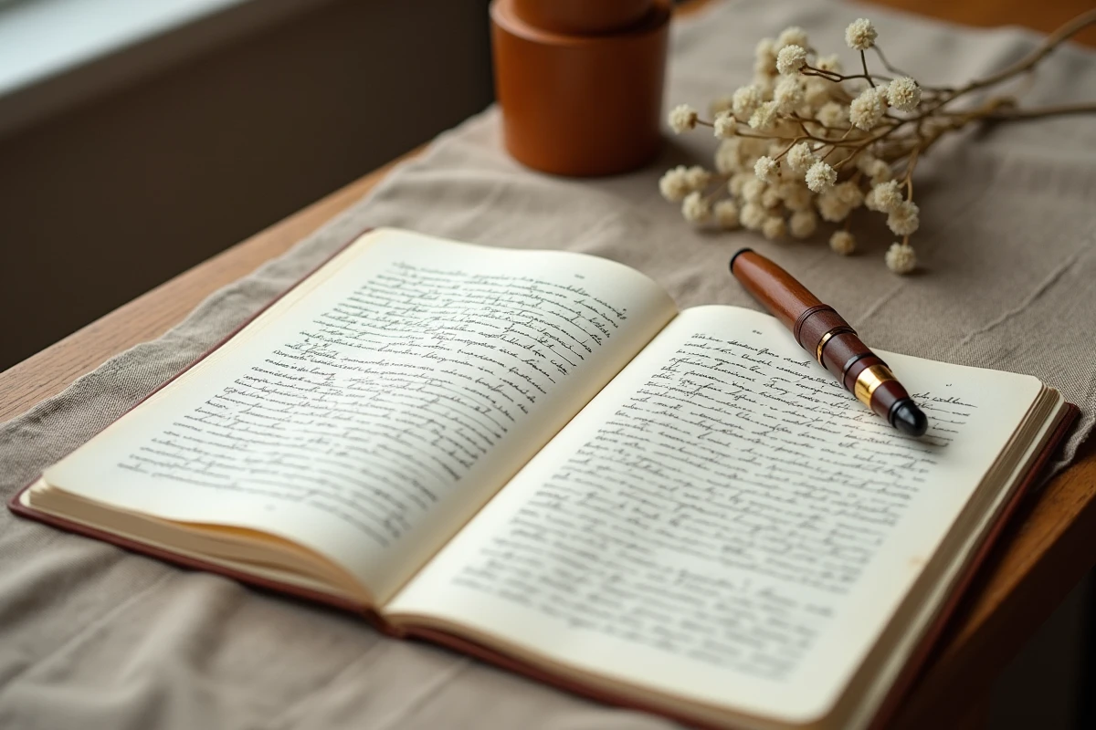Recherches manuscrites et documents imprimés sur le mariage de Judith Waintraub disposés sur une table en bois