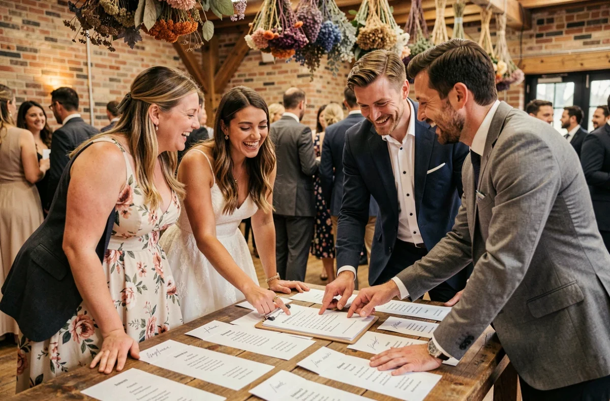 Témoins de mariage réunis autour d'une table en bois organisant les détails de la cérémonie dans une salle de réception rustique