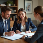 Organisatrice de mariage femme en costume navy lors d'une réunion