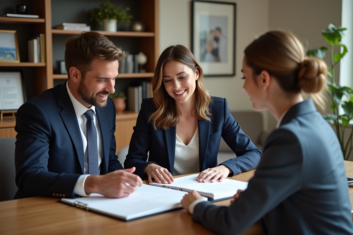 Organisatrice de mariage femme en costume navy lors d'une réunion