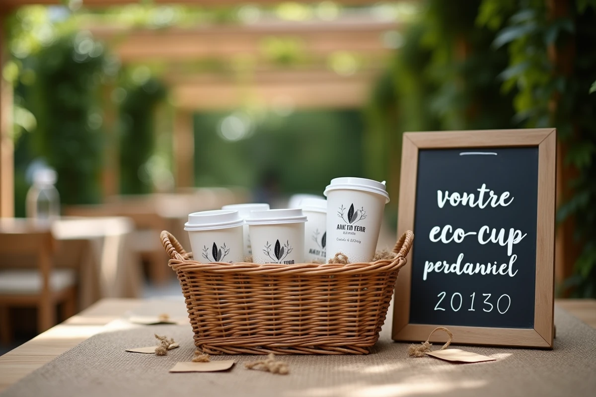 Panier d'eco cups personnalisés prêts à être distribués lors d'une cérémonie de mariage laïque zéro déchet avec panneau ardoise