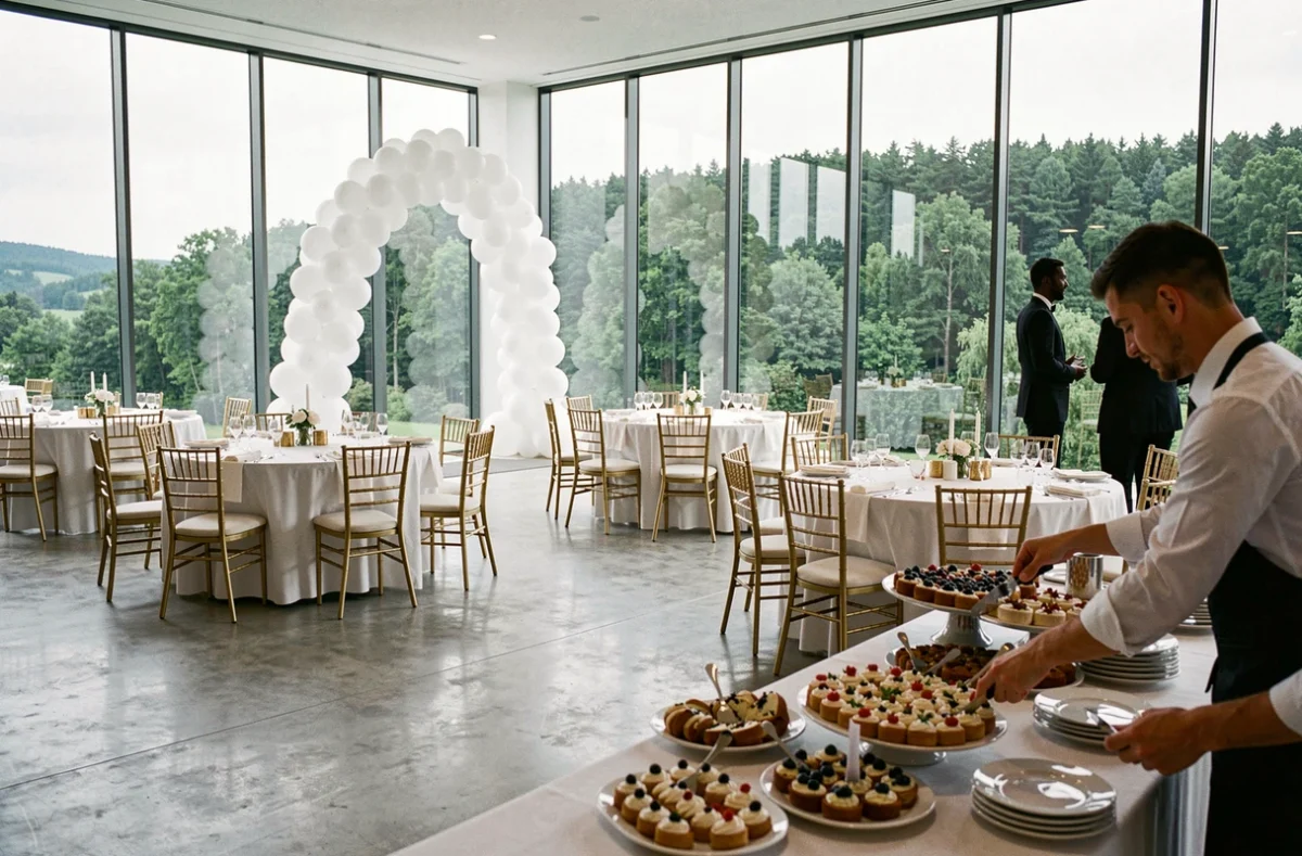 Le Pavillon Blanc en Moselle, salle de réception moderne avec murs vitrés et décoration de mariage contemporaine