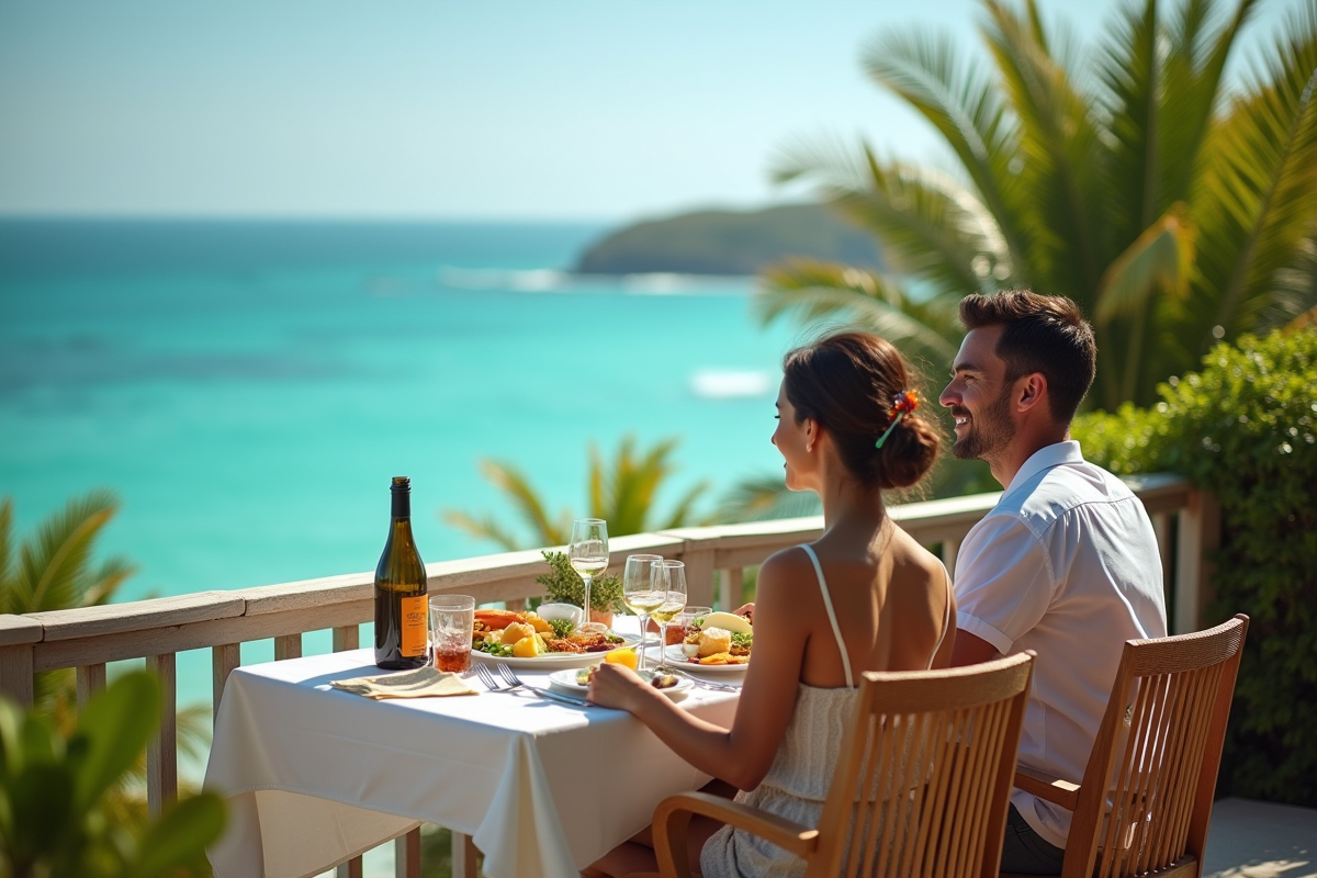 Couple prenant le petit déjeuner sur un balcon avec vue sur la mer