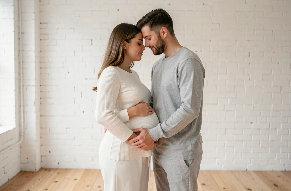 Séance photo de grossesse en couple dans un studio photo de Lille, couple complice attendant un bébé
