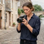 Photographe professionnelle dans les rues d'Ancenis réglant son appareil photo reflex devant des façades en pierre historiques