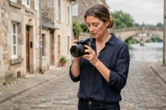 Photographe professionnelle dans les rues d'Ancenis réglant son appareil photo reflex devant des façades en pierre historiques