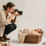 Photographe professionnelle en train de photographier un nouveau-né dans un studio avec accessoires naturels