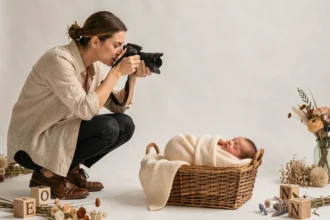 Photographe professionnelle en train de photographier un nouveau-né dans un studio avec accessoires naturels