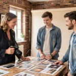 Photographe professionnelle consultant avec un couple dans un studio photo à Dax pour choisir une formule adaptée à leur budget