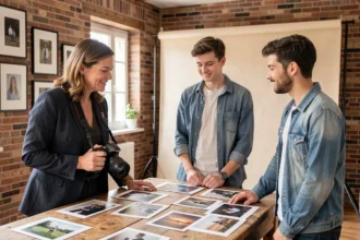 Photographe professionnelle consultant avec un couple dans un studio photo à Dax pour choisir une formule adaptée à leur budget