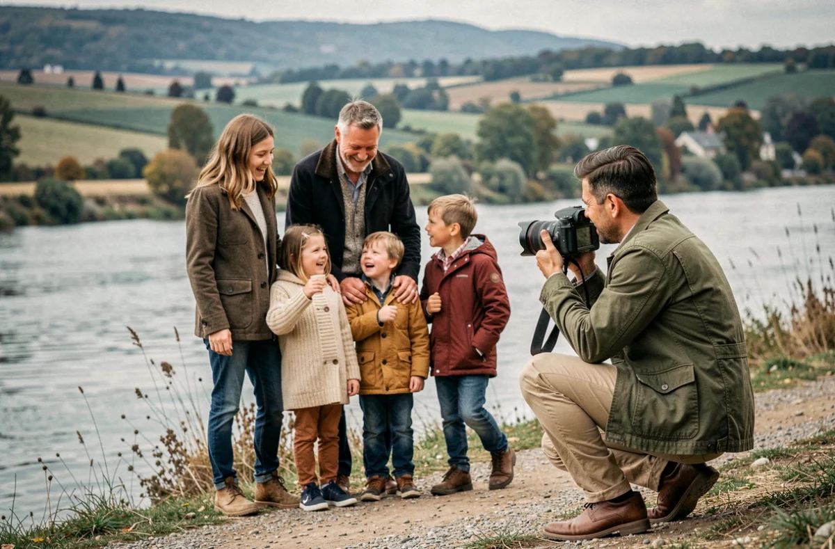 Photographe d'Ancenis réalisant une séance photo de famille en bord de Loire avec vue sur la vallée