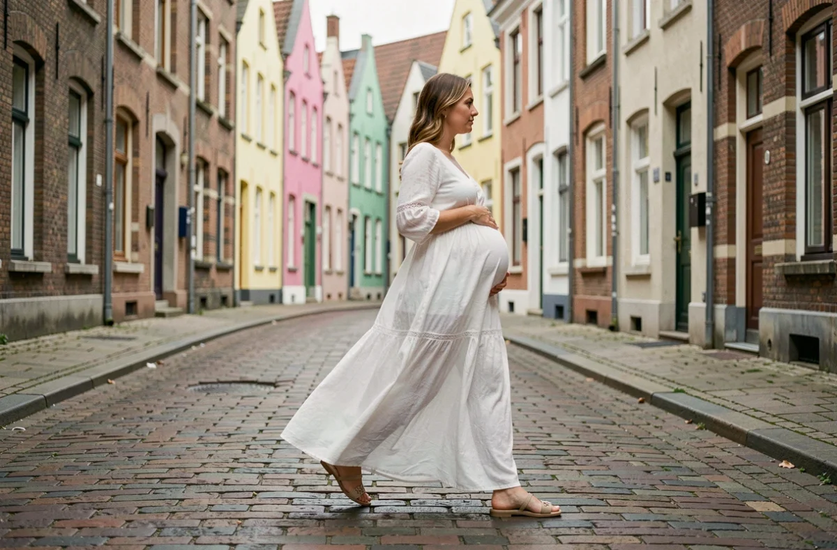 Photographe grossesse dans le Vieux-Lille, femme enceinte en robe blanche dans une rue pavée flamande