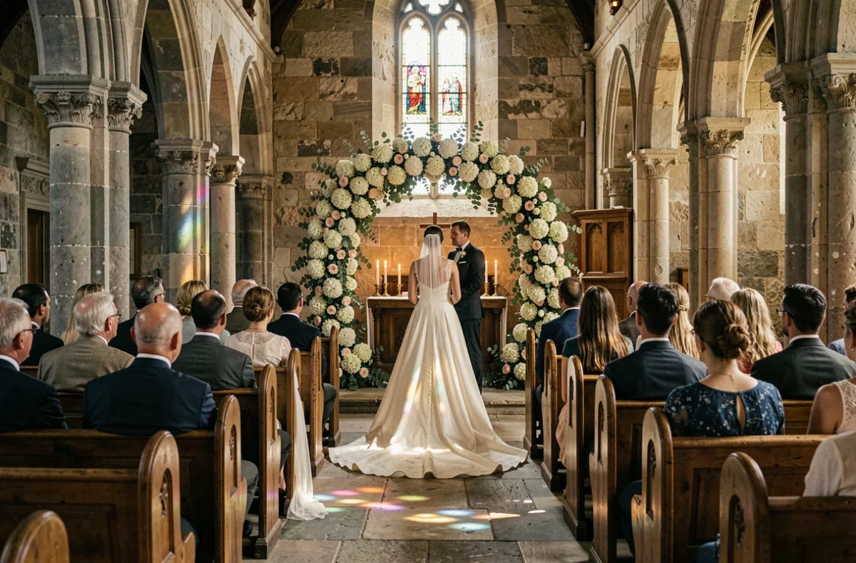 Cérémonie de mariage élégante dans une église en pierre historique de Bayeux dans le Calvados
