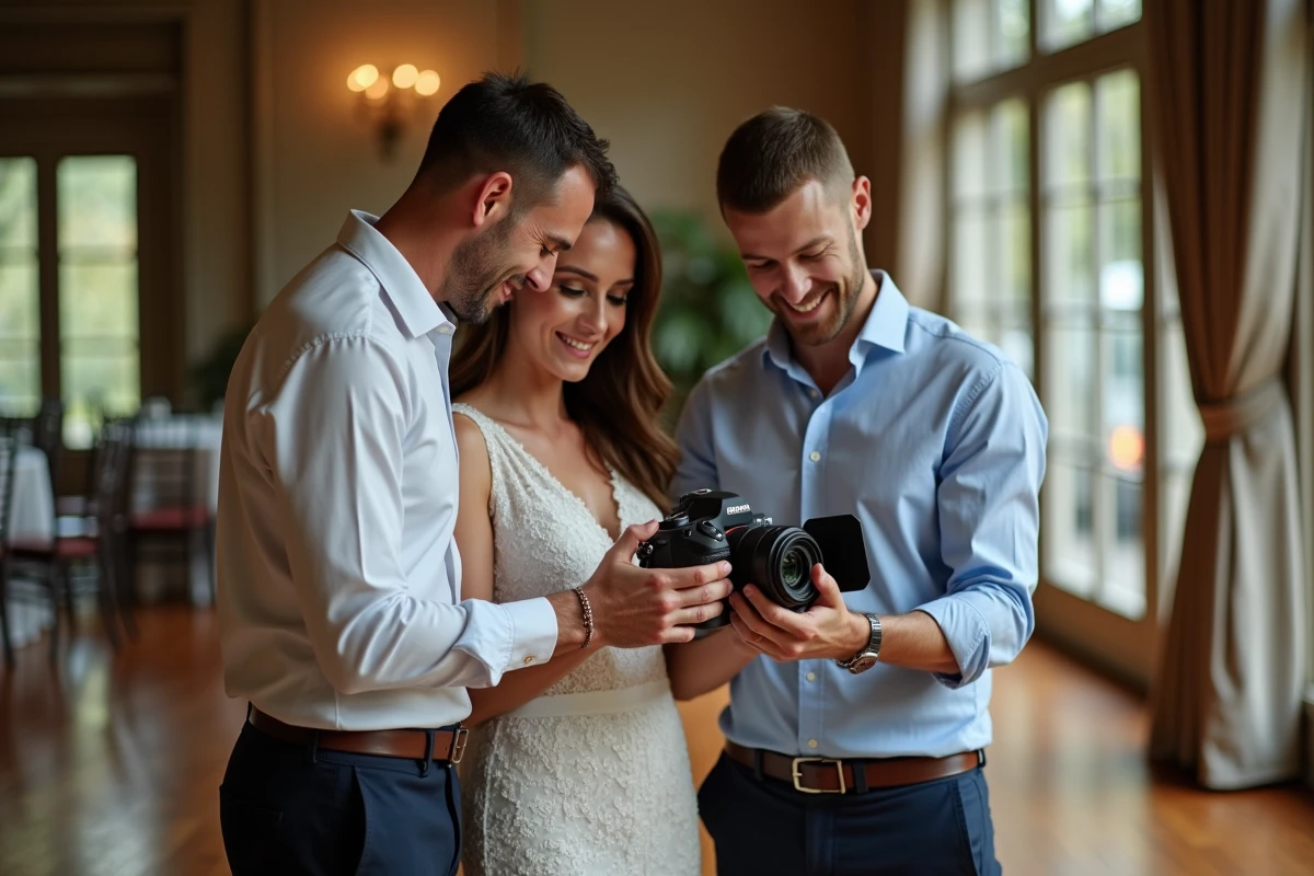 Photographe professionnel montrant les réglages à un couple