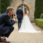 Photographe de mariage professionnel en action lors d'une cérémonie en plein air dans un château français
