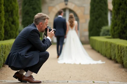 Photographe de mariage professionnel en action lors d'une cérémonie en plein air dans un château français