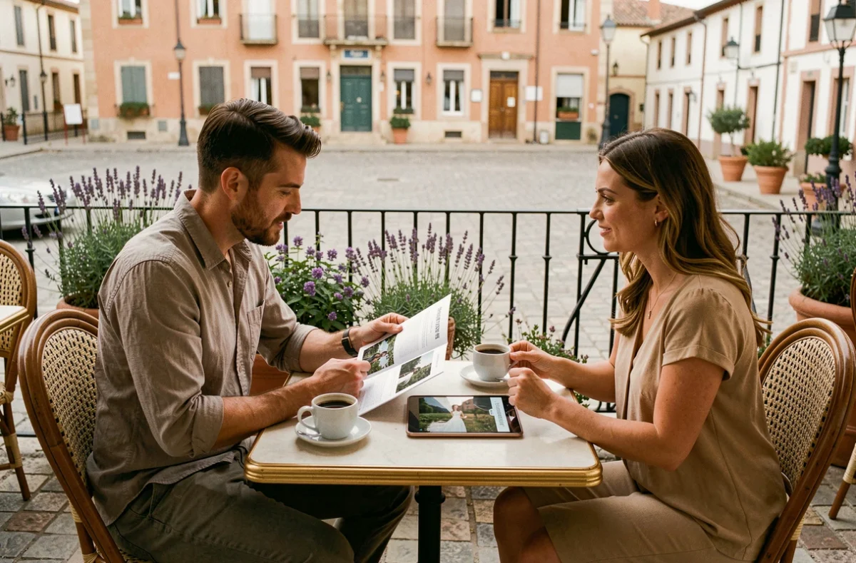 Photographes de mariage présentant leurs formules tarifaires à une cliente sur une terrasse de café à Dax