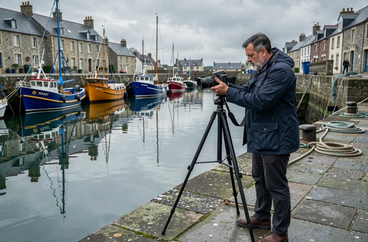 Photographe masculin installant son trépied sur le quai d'un port breton pittoresque avec des bateaux colorés
