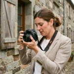 Photographe professionnelle ajustant son appareil photo devant un bâtiment en pierre bretonne à Auray