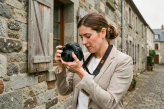 Photographe professionnelle ajustant son appareil photo devant un bâtiment en pierre bretonne à Auray