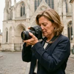 Photographe professionnelle femme devant la cathédrale de Meaux tenant un appareil photo reflex