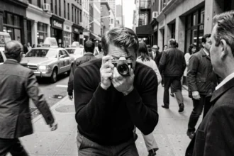 Photographe de rue dans le style de William Klein, angle rapproché agressif sur un trottoir animé de New York en noir et blanc