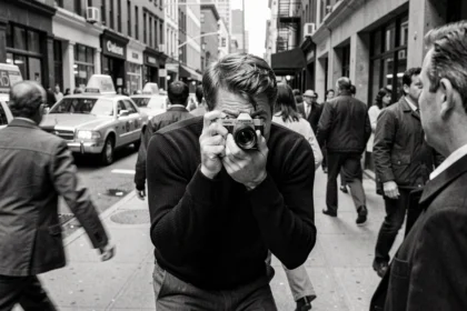Photographe de rue dans le style de William Klein, angle rapproché agressif sur un trottoir animé de New York en noir et blanc