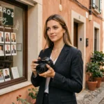 Photographe professionnelle devant son studio à Carros avec un appareil photo et une vitrine affichant des tarifs