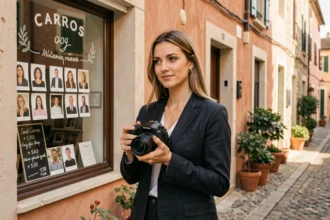 Photographe professionnelle devant son studio à Carros avec un appareil photo et une vitrine affichant des tarifs