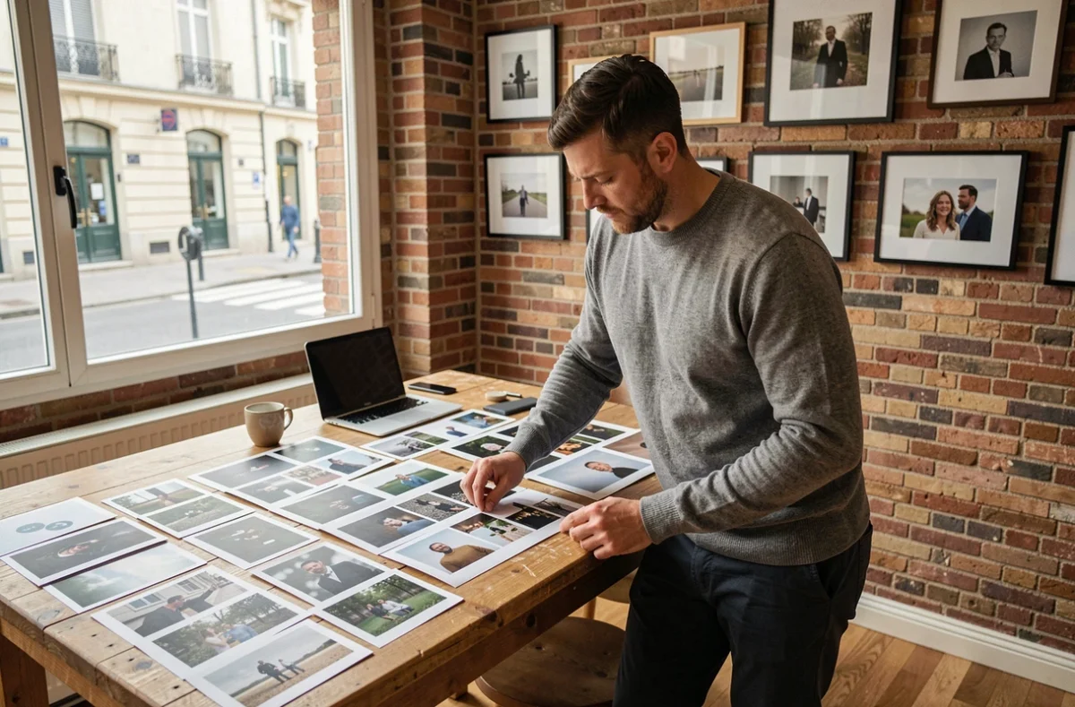 Photographe masculin révisant des portfolios dans un studio photo à Meaux