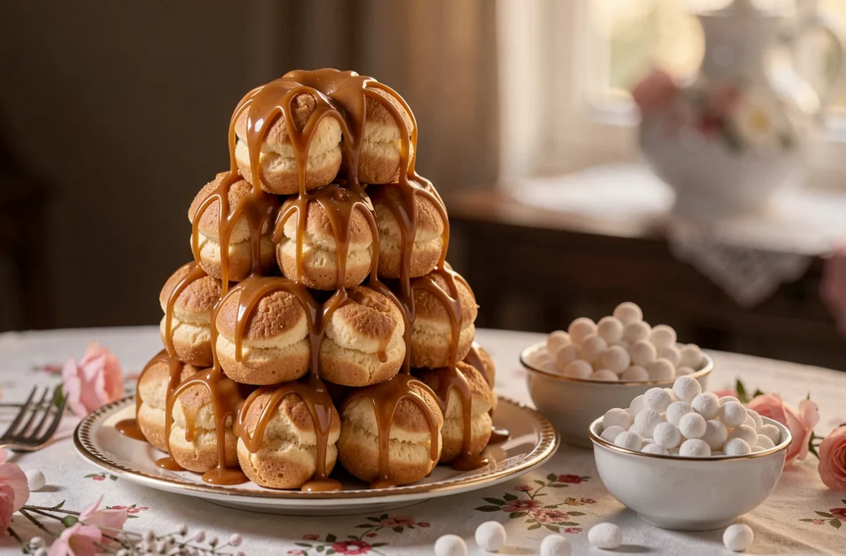 Pièce montée en choux et coupelles de dragées sur une table de mariage