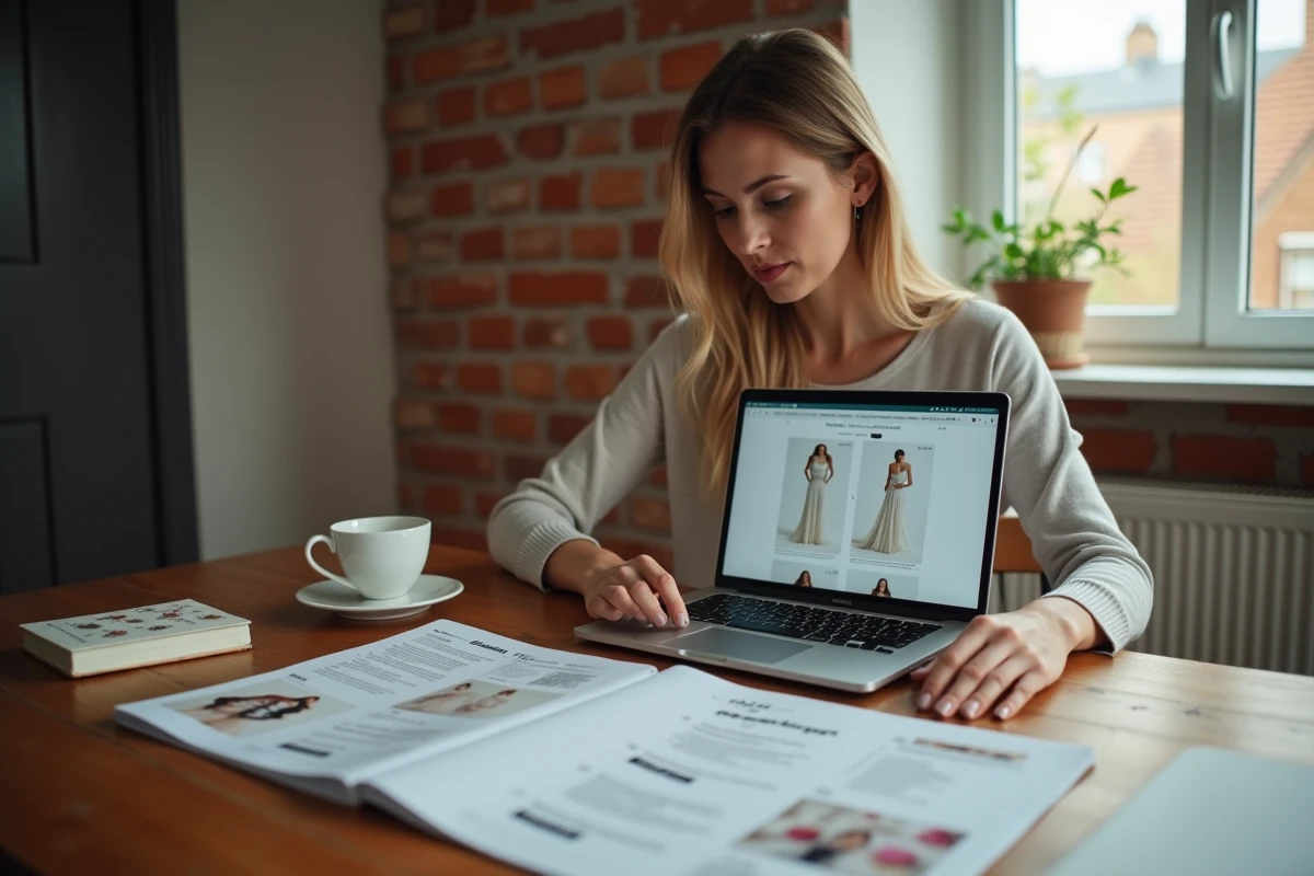 Femme planifiant son budget robe de mariée en comparant des prix en ligne à la maison