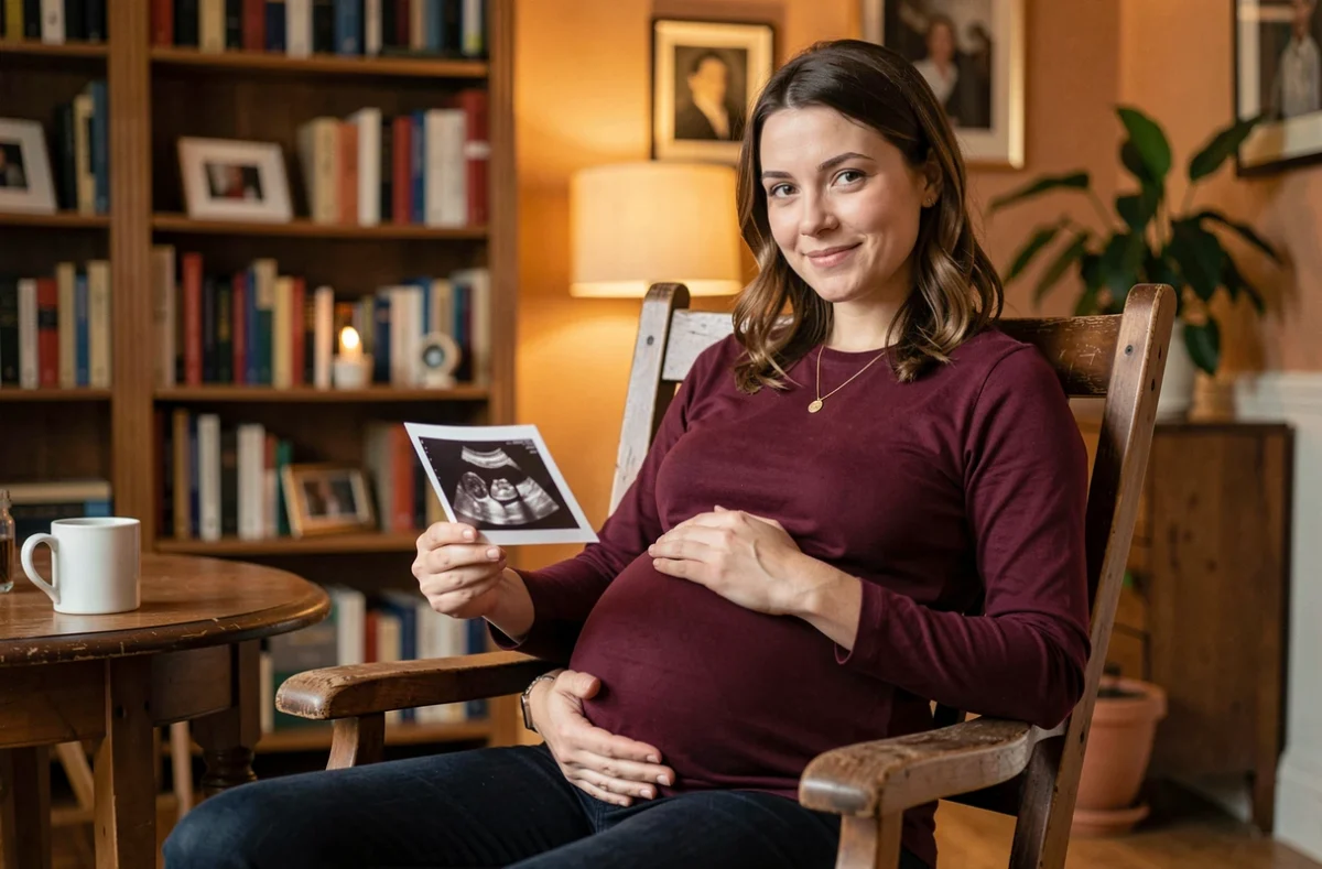 Portrait de femme enceinte à domicile à Lille tenant une échographie, séance photo maternité naturelle