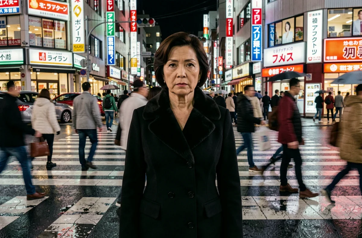Femme élégante immobile au milieu d'un carrefour animé de Tokyo, style photographique inspiré de William Klein au Japon