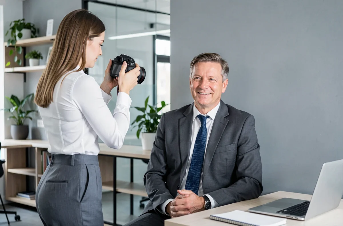Photographe réalisant un portrait professionnel d'un chef d'entreprise dans un espace de coworking à Dax