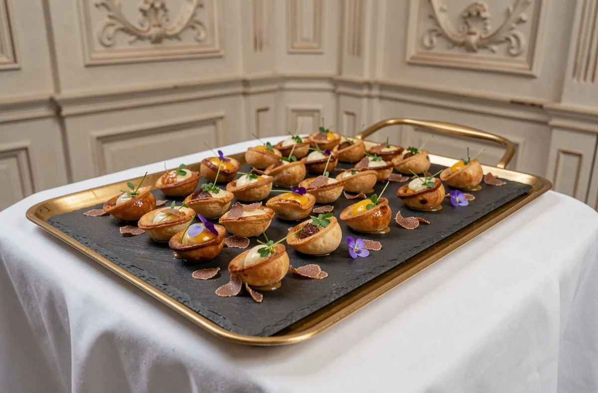 Plateau de bouchées gastronomiques préparées par Potel et Chabot pour un mariage parisien, disposées sur un présentoir ardoise et or dans un grand salon orné