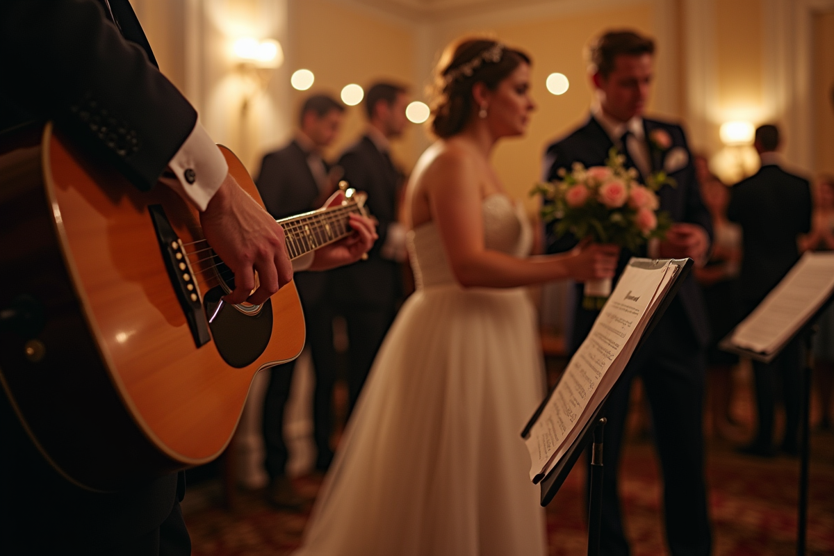 Guitariste réglant sa guitare dans une salle de réception chaleureuse