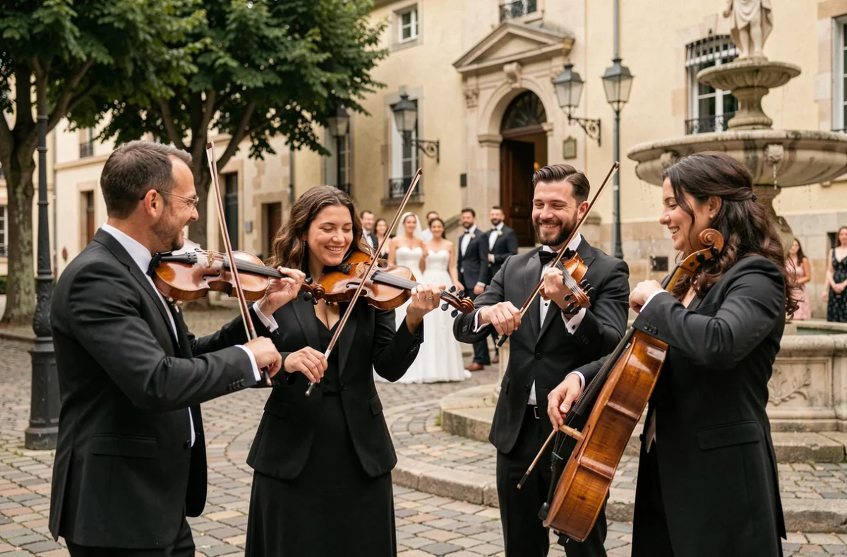 Quatuor à cordes jouant de la musique devant une mairie lors d'une cérémonie de mariage civil en France