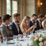 Groupe d invités élégants lors d'un mariage en intérieur