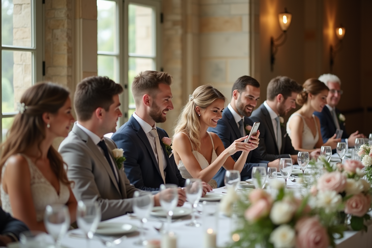 Groupe d invités élégants lors d'un mariage en intérieur