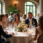 Groupe d'amis élégants lors d'une réception de mariage