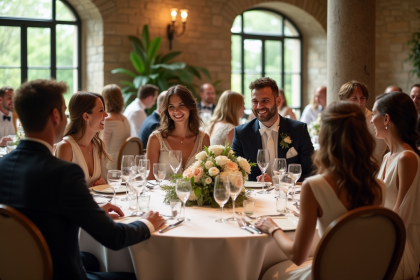 Groupe d'amis élégants lors d'une réception de mariage