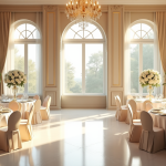 Salle de mariage élégante décorée de fleurs blanches et accents dorés