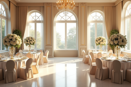 Salle de mariage élégante décorée de fleurs blanches et accents dorés
