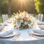 Table de mariage en plein air élégamment dressée avec fleurs et lumière naturelle