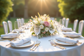 Table de mariage en plein air élégamment dressée avec fleurs et lumière naturelle