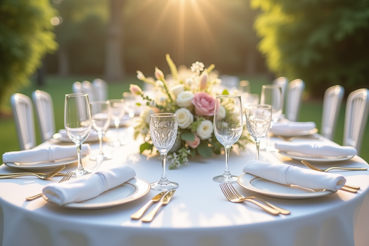 Table de mariage en plein air élégamment dressée avec fleurs et lumière naturelle